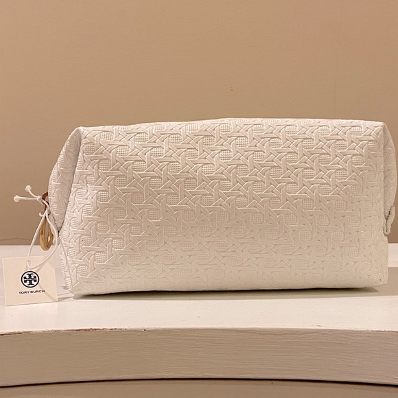 NWT Tory Burch White Basketweave Cosmetic Case Bag Gold Signature Hardware - Picture 15 of 16